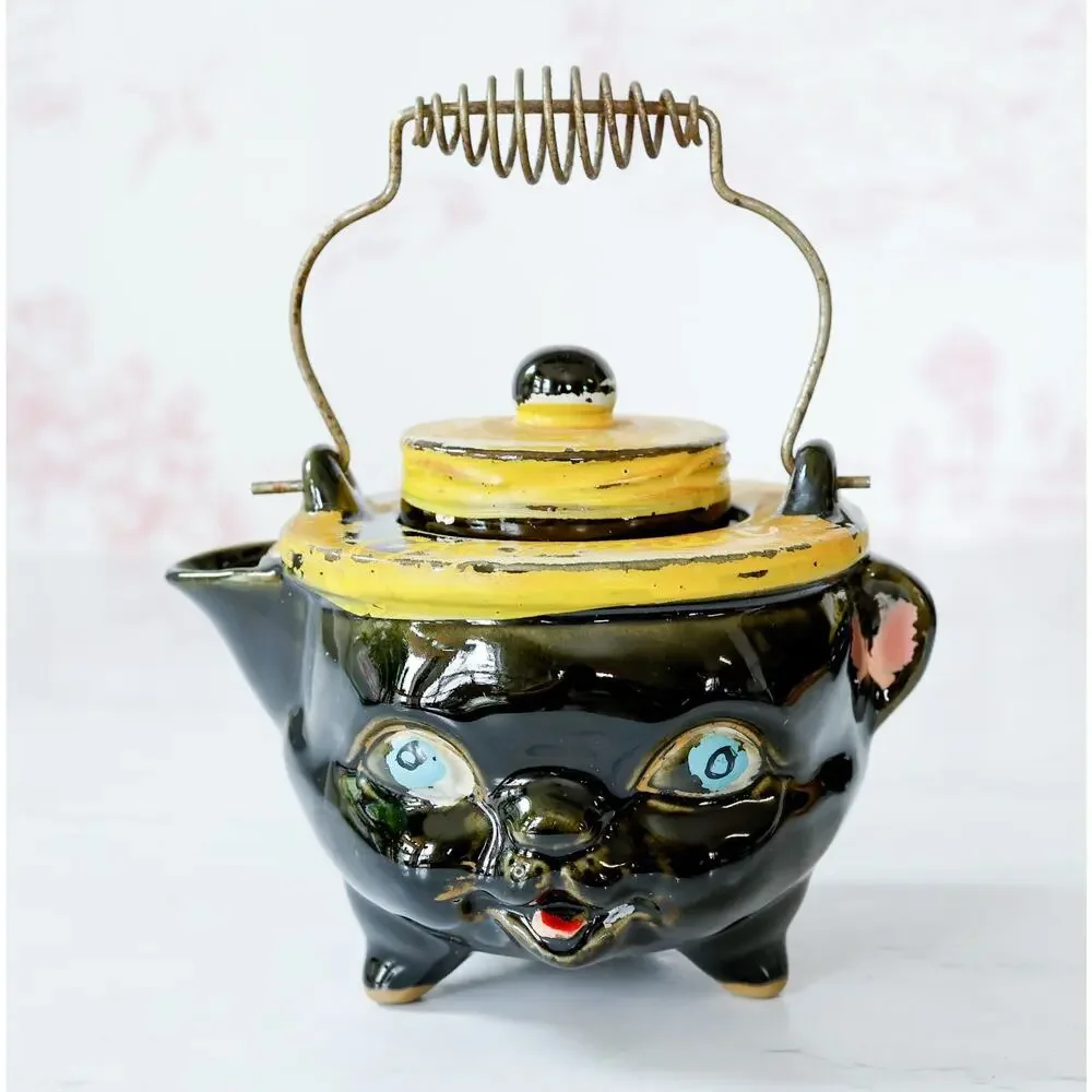 VTG Norcrest Anthropomorphic Black Cat Kettle Creamer Sugar Salt Pepper Set MCM